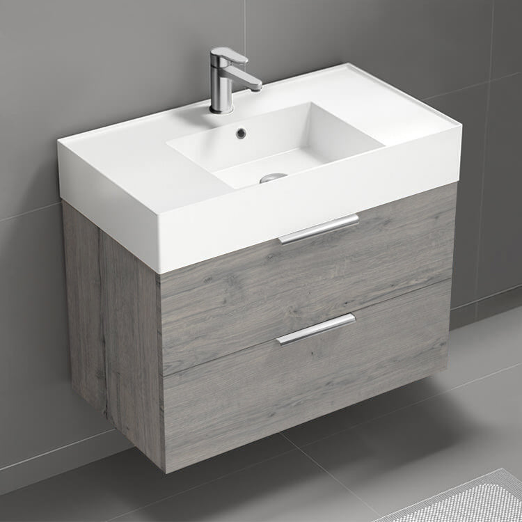 Wall Mounted Bathroom Vanity, Modern, 32", Grey Oak