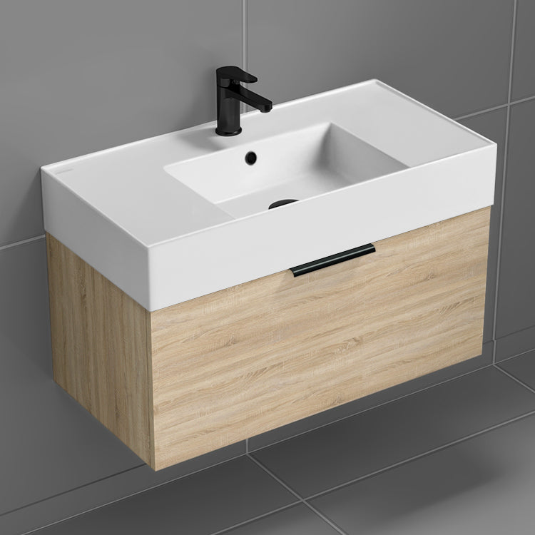 Wall Mounted Bathroom Vanity, Modern, 32", Brown Oak