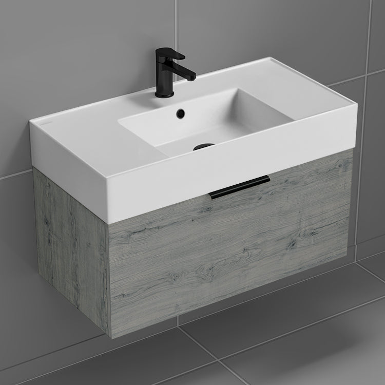 Modern Bathroom Vanity, 32", Wall Mounted, Grey Oak