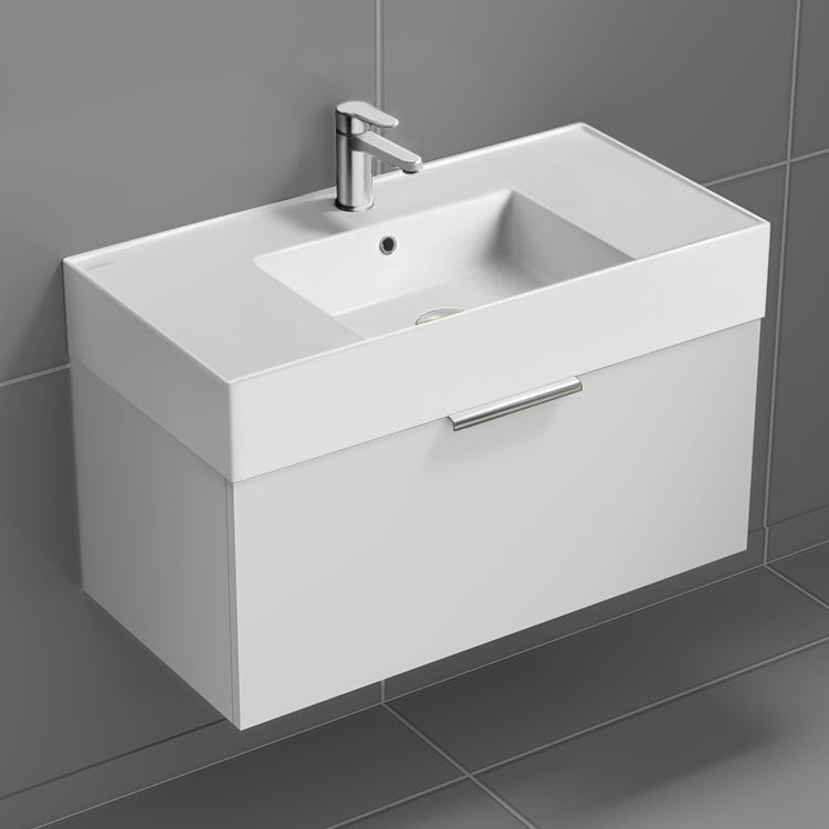 32" Bathroom Vanity, Modern, Wall Mount, Glossy White