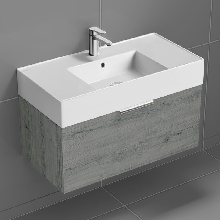 Wall Mounted Bathroom Vanity, Modern, 32", Grey Oak