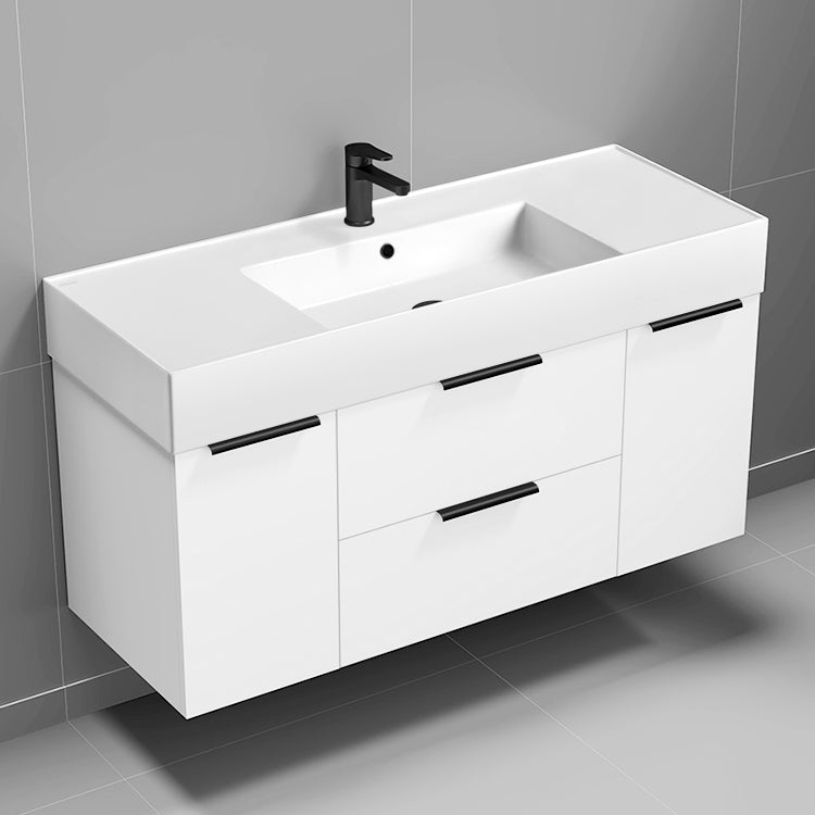 Modern Bathroom Vanity, Wall Mounted, 48", Glossy White