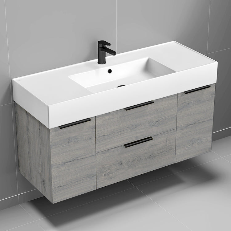 Bathroom Vanity, 48", Wall Mounted, Grey Oak
