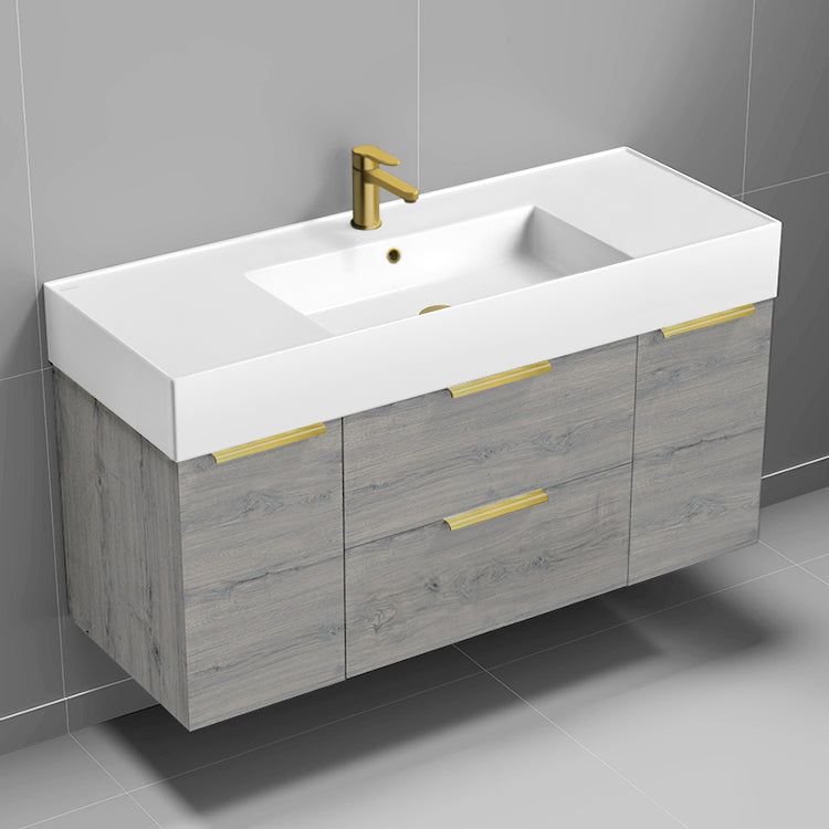 Modern Bathroom Vanity, Wall Mounted, 48", Grey Oak