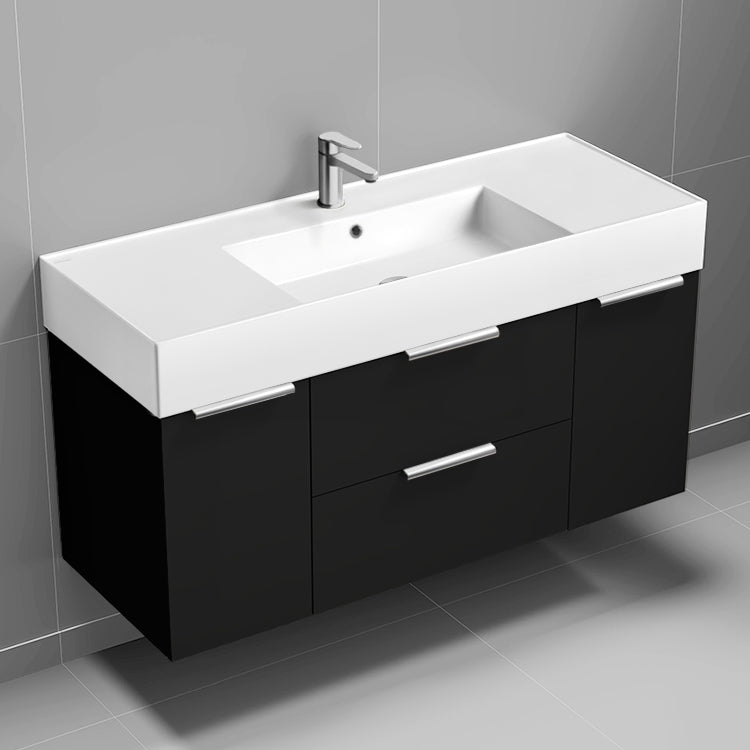 Modern Bathroom Vanity, Wall Mount, 48", Matte Black