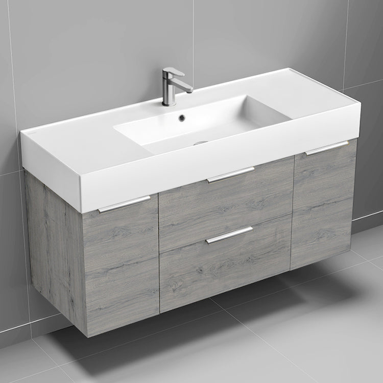 Modern Bathroom Vanity, Wall Mounted, 48", Grey Oak