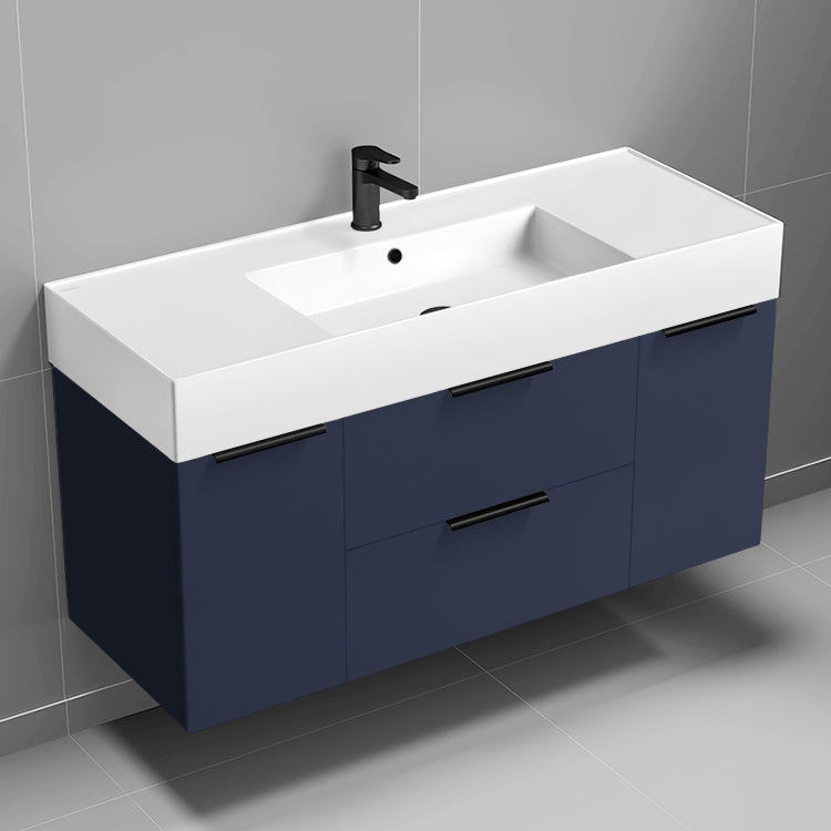 Modern Bathroom Vanity, Wall Mount, 48", Night Blue