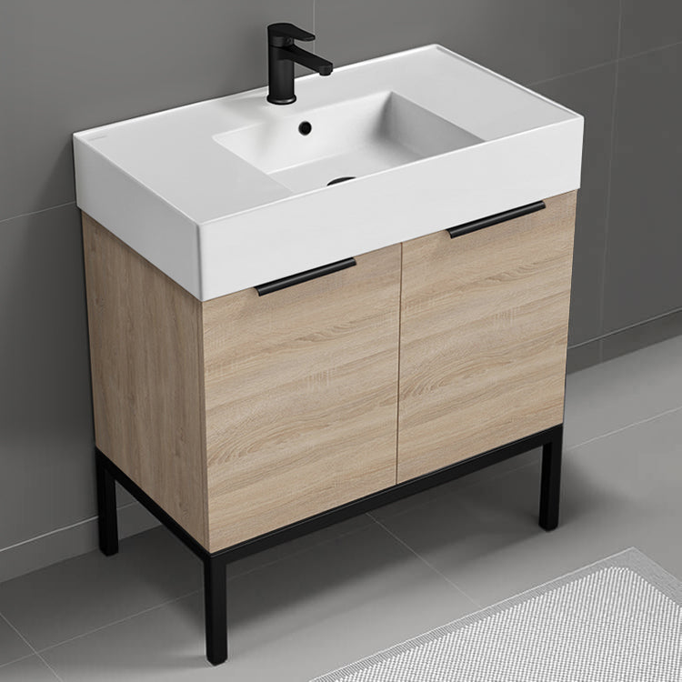 Free Standing Bathroom Vanity, Modern, 32", Brown Oak