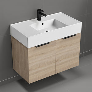 32" Bathroom Vanity, Wall Mounted, Brown Oak