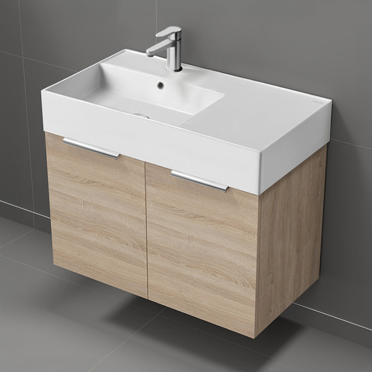 Modern Bathroom Vanity, Wall Mounted, Single, 32", Brown Oak