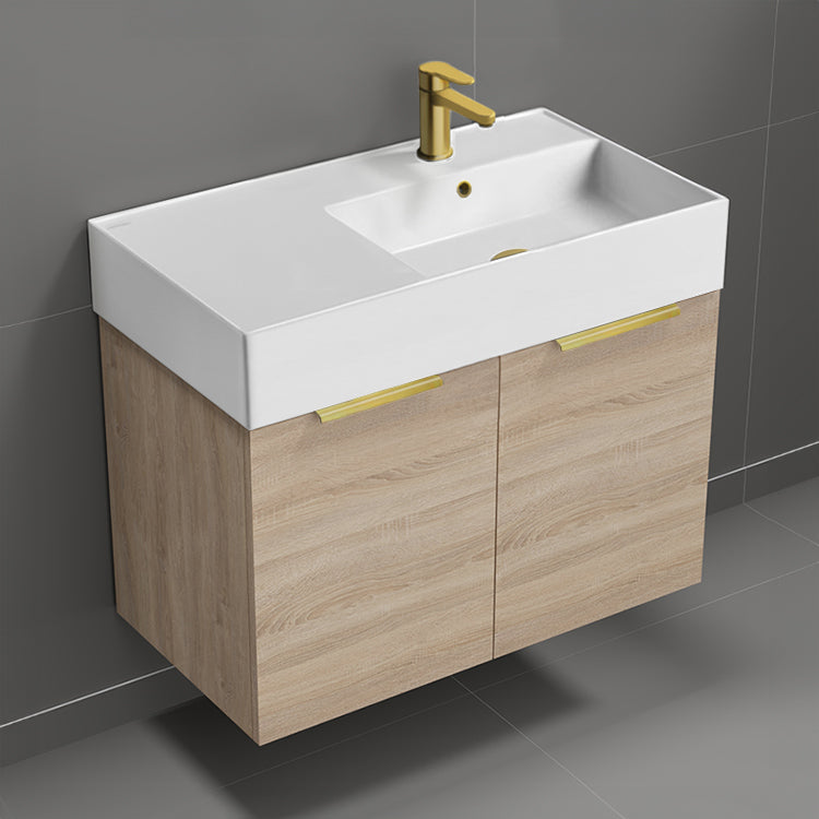 Modern Bathroom Vanity, Wall Mounted, Single, 32", Brown Oak