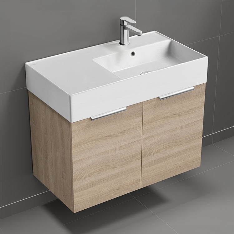 Modern Bathroom Vanity, Wall Mounted, Single, 32", Brown Oak