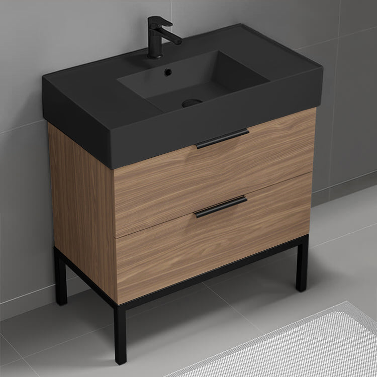 Walnut Bathroom Vanity With Black Sink, Free Standing, 32", Modern