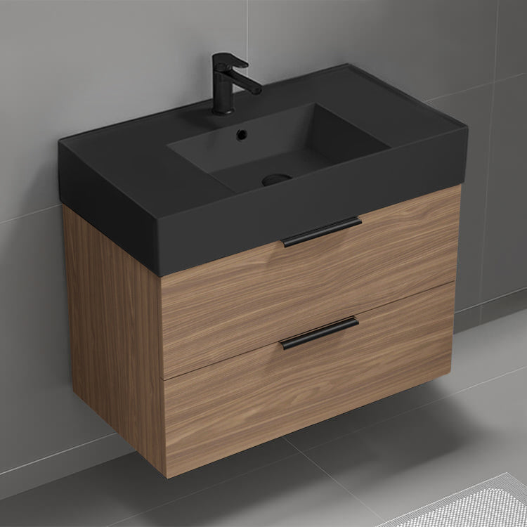 Walnut Bathroom Vanity With Black Sink, Wall Mounted, Single, 32", Modern