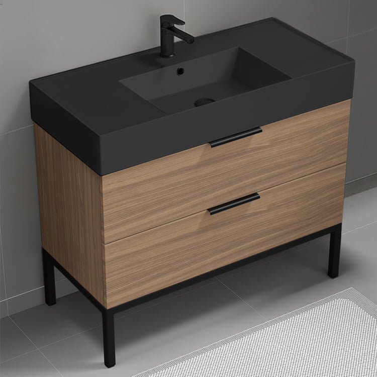 Walnut Bathroom Vanity With Black Sink, Floor Standing, 40", Modern