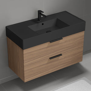 Walnut Bathroom Vanity With Black Sink, 40", Wall Mounted, Modern