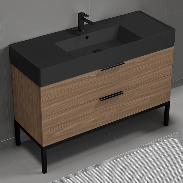 Walnut Bathroom Vanity With Black Sink, Free Standing, 48", Modern
