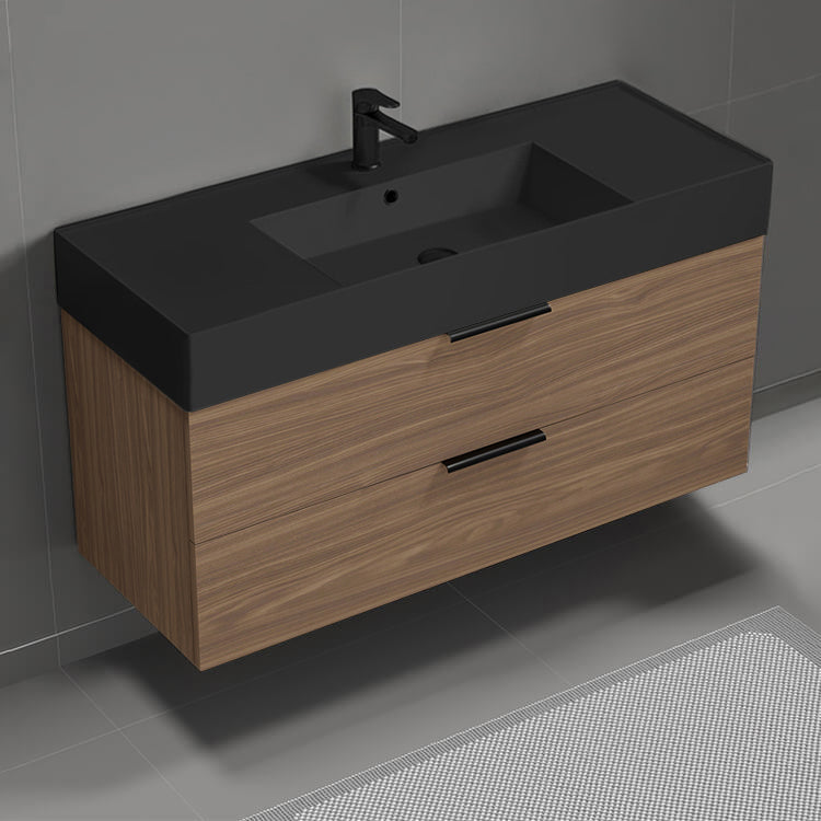 Walnut Bathroom Vanity With Black Sink, 48", Floating, Modern