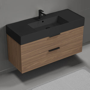 Walnut Bathroom Vanity With Black Sink, 48", Floating, Modern