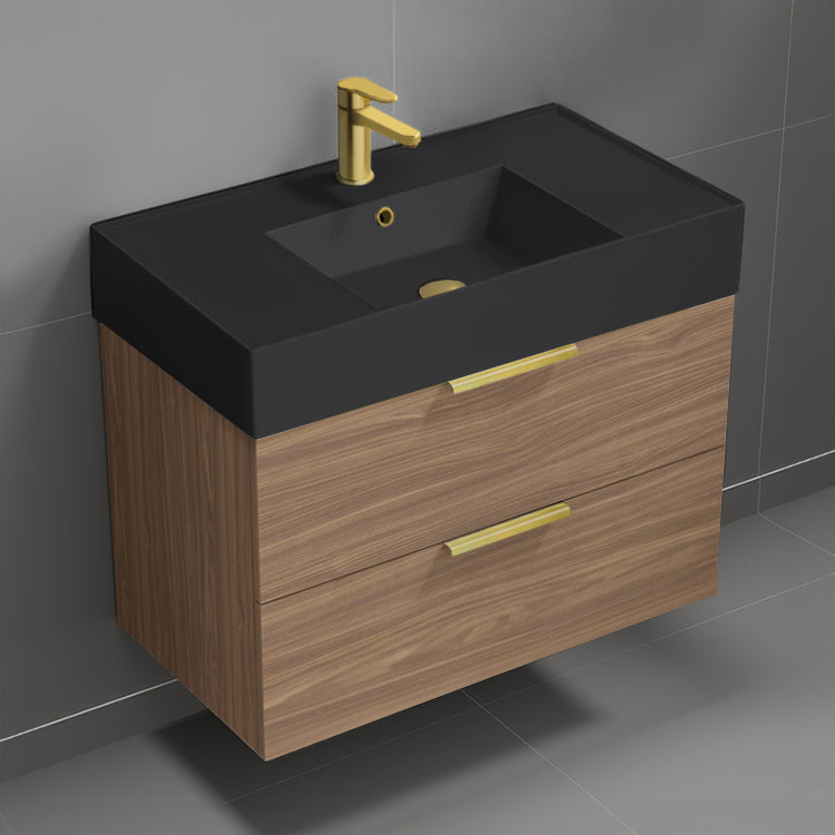 Walnut Bathroom Vanity With Black Sink, Wall Mounted, Single, 32", Modern