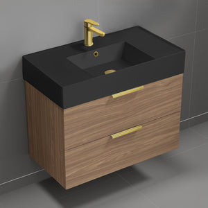 Walnut Bathroom Vanity With Black Sink, Wall Mounted, Single, 32", Modern