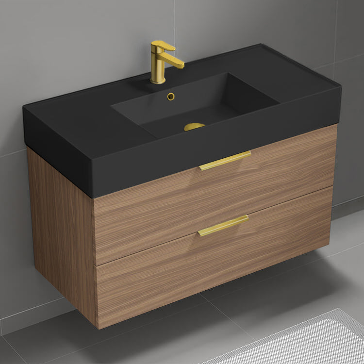 Walnut Bathroom Vanity With Black Sink, 40", Wall Mounted, Modern