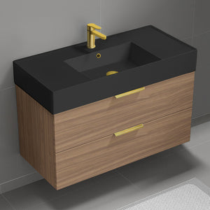 Walnut Bathroom Vanity With Black Sink, 40", Wall Mounted, Modern