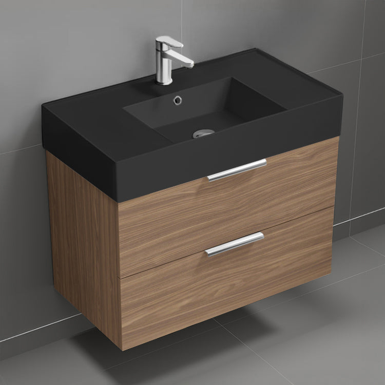 Walnut Bathroom Vanity With Black Sink, Wall Mounted, Single, 32", Modern
