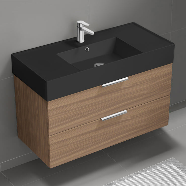 Modern Bathroom Vanity With Black Sink, 40", Wall Mounted, Walnut