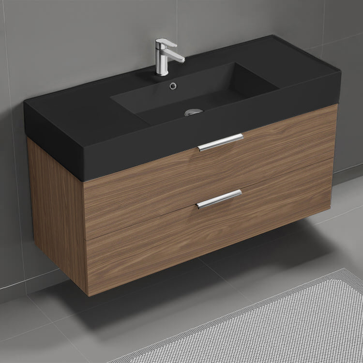 48" Bathroom Vanity With Black Sink, Floating, Walnut