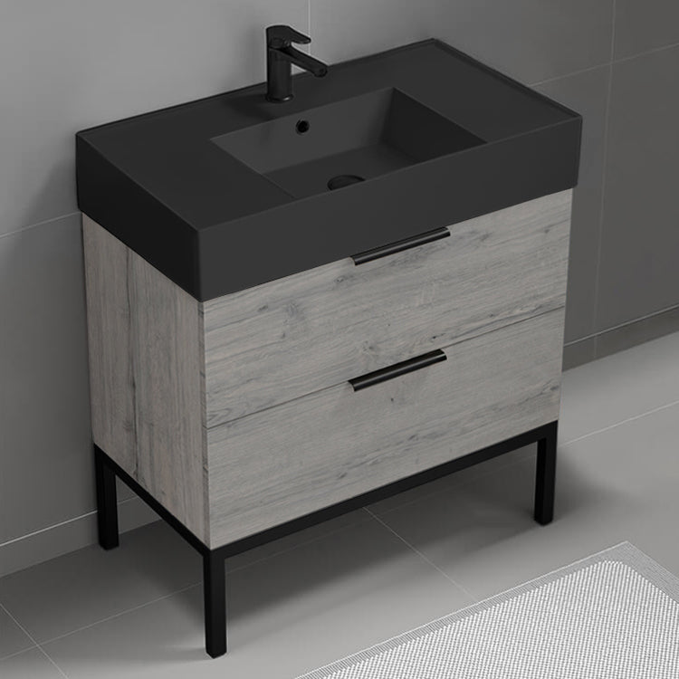 Grey Oak Bathroom Vanity With Black Sink, Floor Standing, 32", Modern