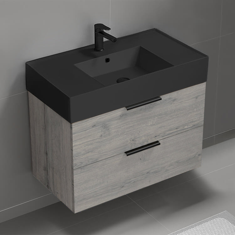Grey Oak Bathroom Vanity With Black Sink, Wall Mounted, Modern, 32"