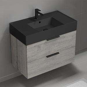 Grey Oak Bathroom Vanity With Black Sink, Wall Mounted, Modern, 32"
