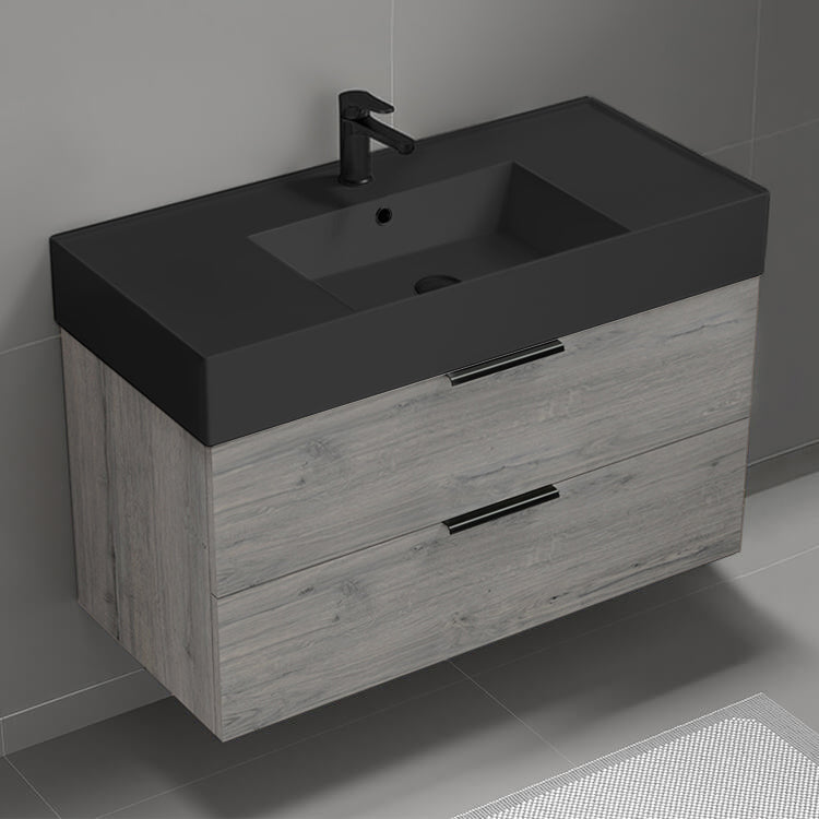 Grey Oak Bathroom Vanity With Black Sink, 40", Wall Mounted