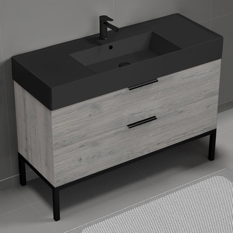 Modern Bathroom Vanity With Black Sink, Floor Standing, 48", Grey Oak
