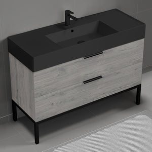 Modern Bathroom Vanity With Black Sink, Floor Standing, 48", Grey Oak