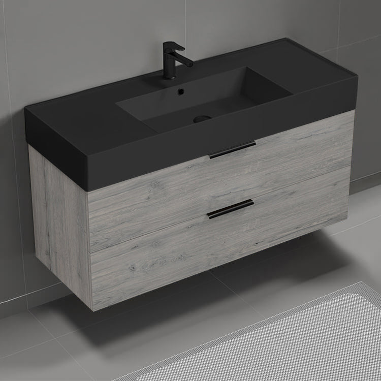 Grey Oak Bathroom Vanity With Black Sink, Wall Mounted, 48", Modern