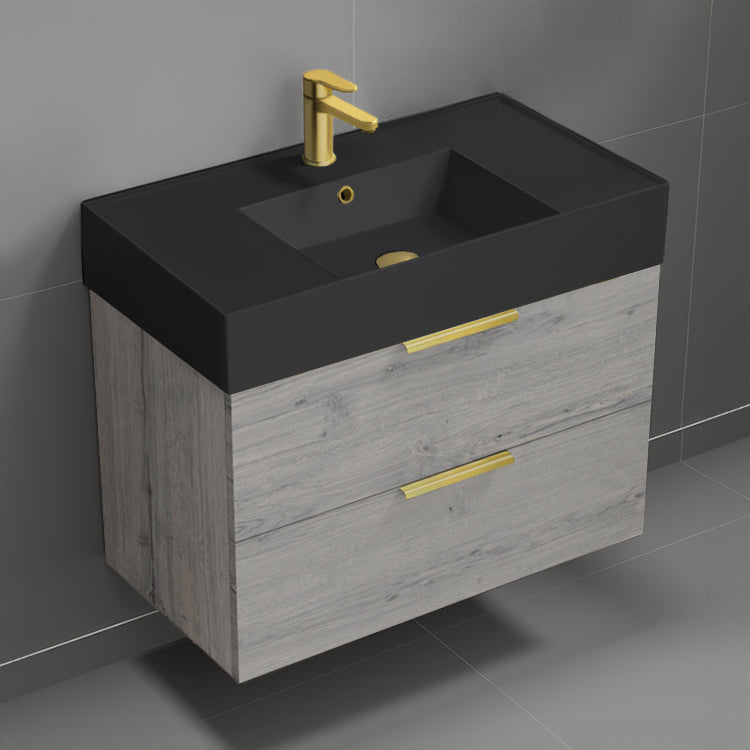 Wall Mounted Bathroom Vanity With Black Sink, Modern, 32", Grey Oak