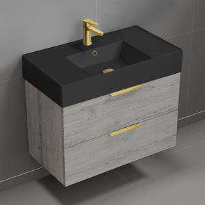 Wall Mounted Bathroom Vanity With Black Sink, Modern, 32", Grey Oak