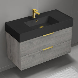 40" Bathroom Vanity With Black Sink, Wall Mounted, Grey Oak
