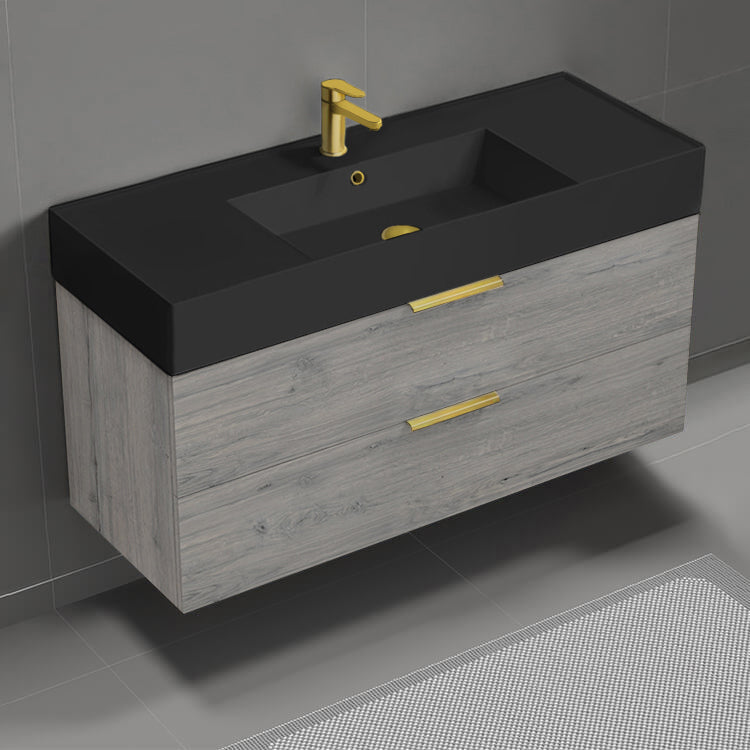 Modern Bathroom Vanity With Black Sink, Wall Mounted, 48", Grey Oak