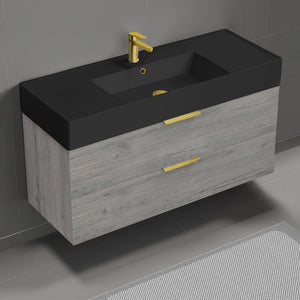 Modern Bathroom Vanity With Black Sink, Wall Mounted, 48", Grey Oak