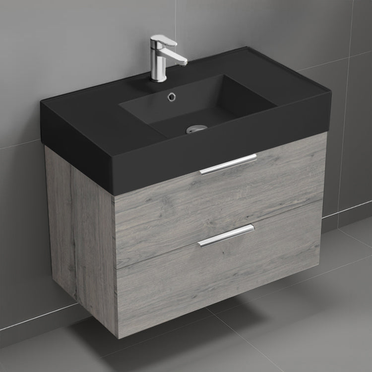Wall Mounted Bathroom Vanity With Black Sink, Modern, 32", Grey Oak