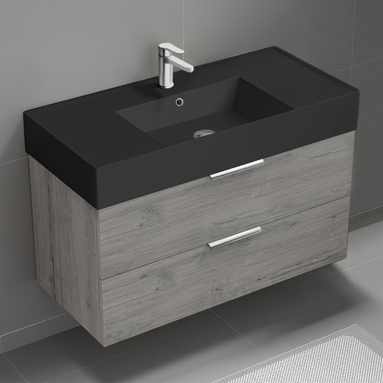 40" Bathroom Vanity With Black Sink, Wall Mounted, Grey Oak