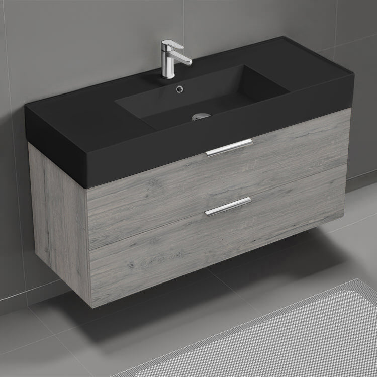 Modern Bathroom Vanity With Black Sink, Wall Mounted, 48", Grey Oak