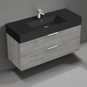 Modern Bathroom Vanity With Black Sink, Wall Mounted, 48", Grey Oak