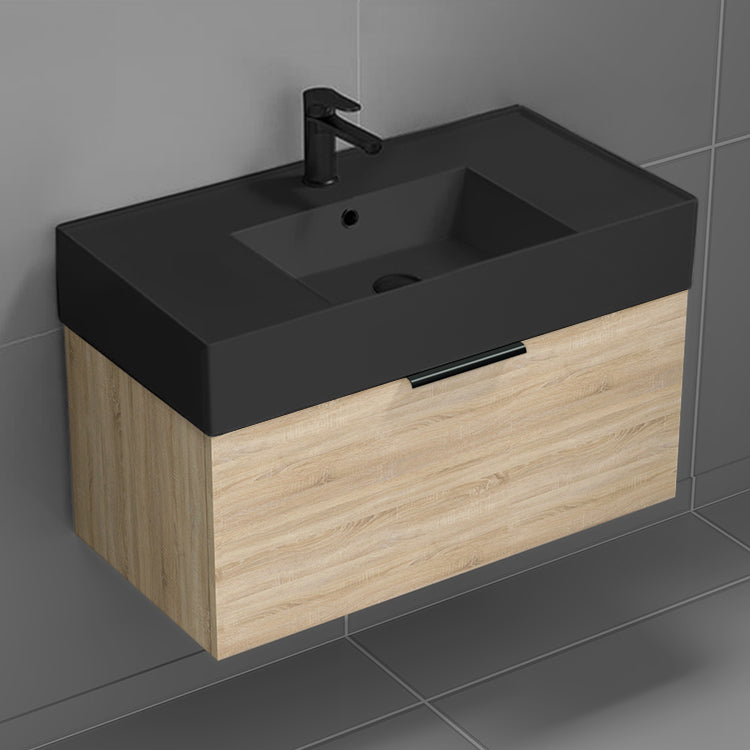 Modern Bathroom Vanity With Black Sink, Wall Mounted, Single, 32", Brown Oak