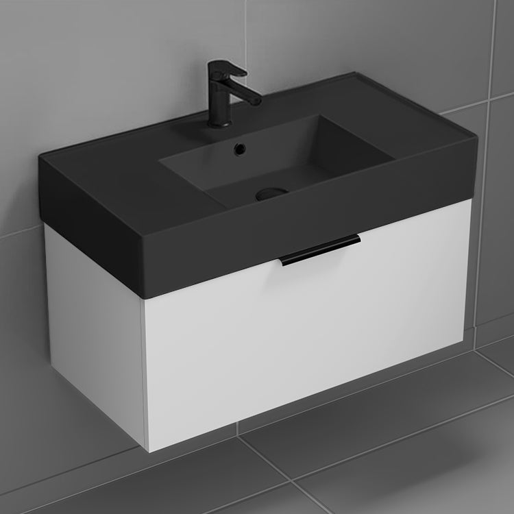 32" Bathroom Vanity With Black Sink, Modern, Wall Mount, Glossy White