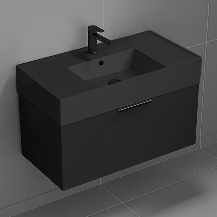 Black Bathroom Vanity With Black Sink, Floating, Modern, 32"