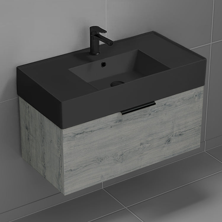 Grey Oak Bathroom Vanity With Black Sink, Modern, 32", Wall Mounted